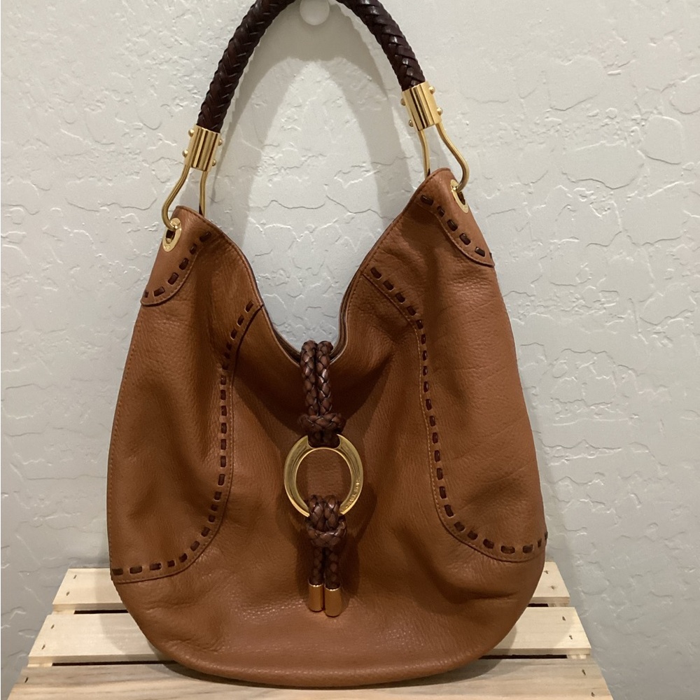 MICHAEL KORS COLLECTION OVER THE SHOULDER LEATHER CARAMEL BAG